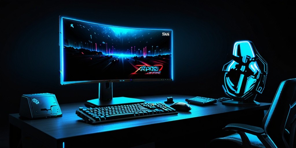 A modern gaming setup with a sleek, high-performance PC tower adorned with neon blue LED lights, surrounded by a clutter-free, dark-wooden desk with a built-in keyboard tray, against a dark grey, gradient background that evokes a sense of high-tech sophistication, illuminated by soft, warm overhead lighting, featuring a 34-inch, curved, UltraWide monitor displaying a fast-paced, action-packed gaming scene from a popular PC game, with a wireless, programmable gaming mouse and a ergonomic, cushioned gaming chair with a sturdy, metallic frame in the foreground, all capturing the essence of an immersive, competitive PC gaming experience.