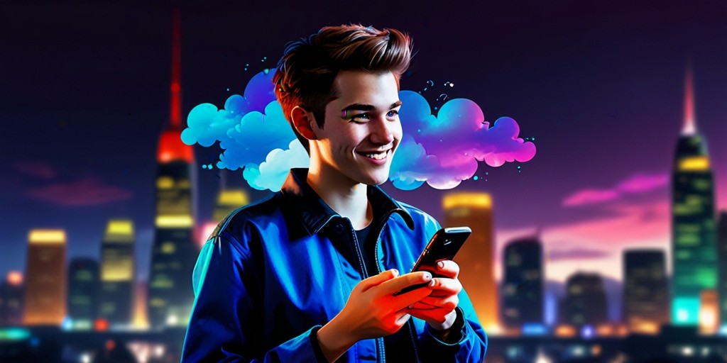 A young adult with short, stylish hair and a slight smile, holding a sleek, modern mobile phone with a vibrant cloud gaming interface displayed on the screen, set against a blurred cityscape background with subtle neon lights, conveying a sense of futuristic entertainment on-the-go, the phone