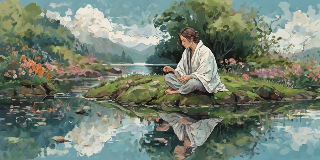 A serene and vibrant illustration of a person sitting cross-legged on a moss-covered rock at the edge of a calm lake, surrounded by lush greenery and blooming flowers, conveying a sense of tranquility and connection with nature, with the words "Stay Mindful of Your Mental Health" written in a modern, cursive script with bold black ink on a white, wavy banner that wraps around the rock, blending seamlessly into the scenery, as the person