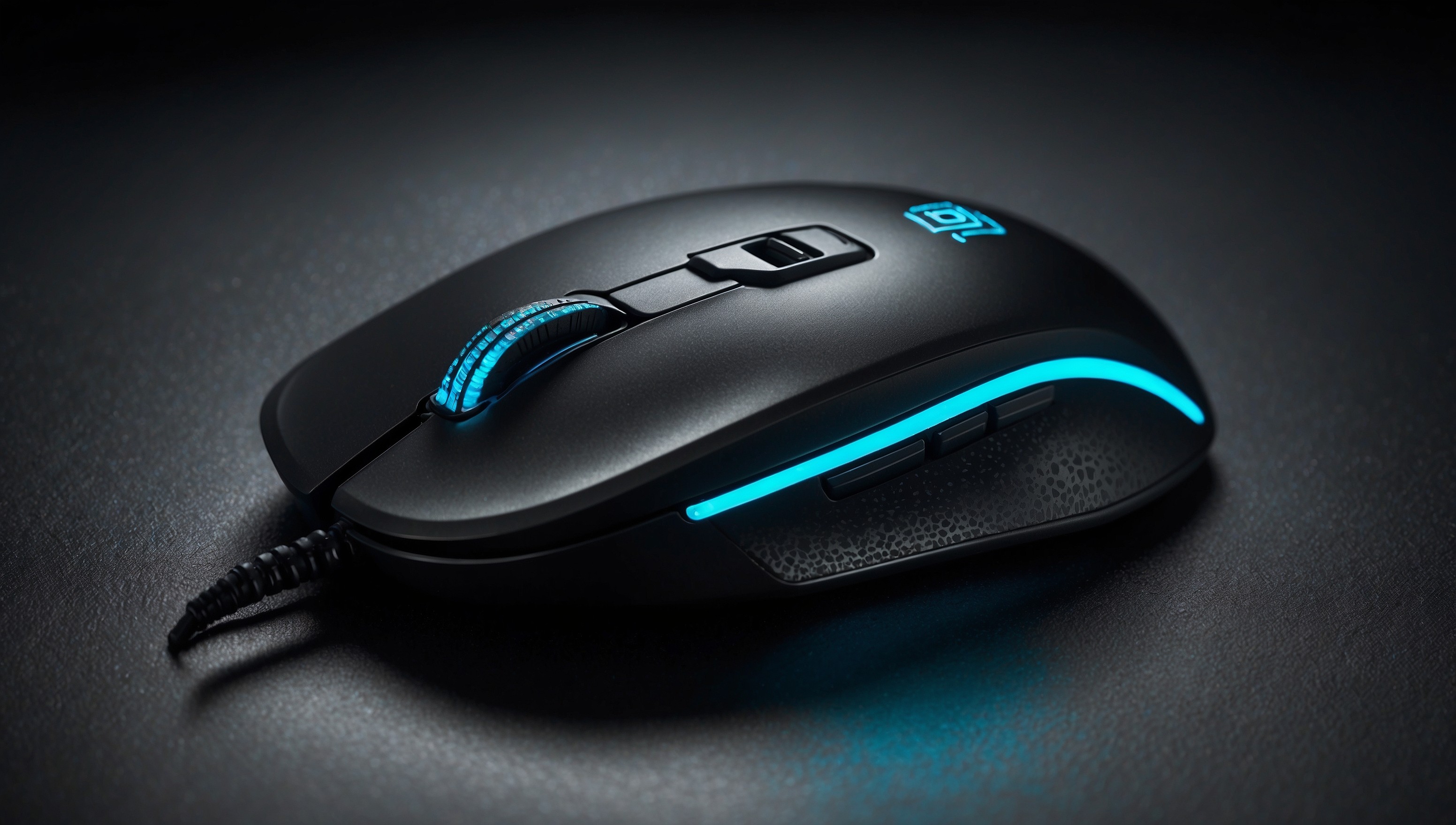 A high-angle, close-up photograph of a sleek, modern gaming mouse, with a tactile ergonomic design and a subtle LED glow emanating from the scroll wheel, situated on a minimalist, dark-gray background, with the brand