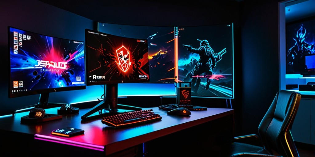 A futuristic gaming setup with a sleek, high-performance PC at its center, surrounded by vibrant, colorful LED lights that reflect off the dark, polished wood desk, casting a mesmerizing glow on the surrounding walls, amidst a backdrop of a dimly lit, modern gaming den, complete with a massive, curved 4K monitor displaying a thrilling, fast-paced game scene, with a pair of state-of-the-art gaming peripherals, such as a wireless, ergonomic mouse and a high-precision, mechanical keyboard, positioned neatly on a premium, woven gaming mousepad, all offset by a few strategically placed, prized gaming collectibles and memorabilia.