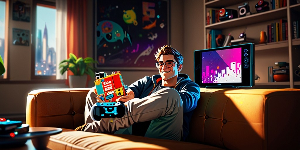 A young adult with bright, energized eyes and a relaxed smile, leaning back into a comfortable couch, surrounded by colorful pillows and a few scattered gaming snacks, intensely focused on a sleek, high-tech smartphone in their hand, with a vibrant, action-packed mobile game displayed on the screen, featuring bold, futuristic graphics and dynamic character designs, set against a warm, cozy living room background with a few subtle gaming-themed decorations, such as a retro console on a shelf or a gamer