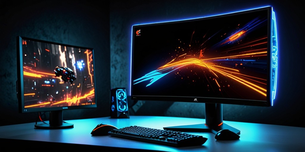 A sleek, high-performance PC gaming monitor with a 24-inch curved screen, featuring a 4K resolution and a 144Hz refresh rate, sits on a modern, minimalist desk, surrounded by a few gaming peripherals, such as a professional-grade gaming mouse and a keyboard with customizable backlighting, against a dark gray background that emphasizes the monitor