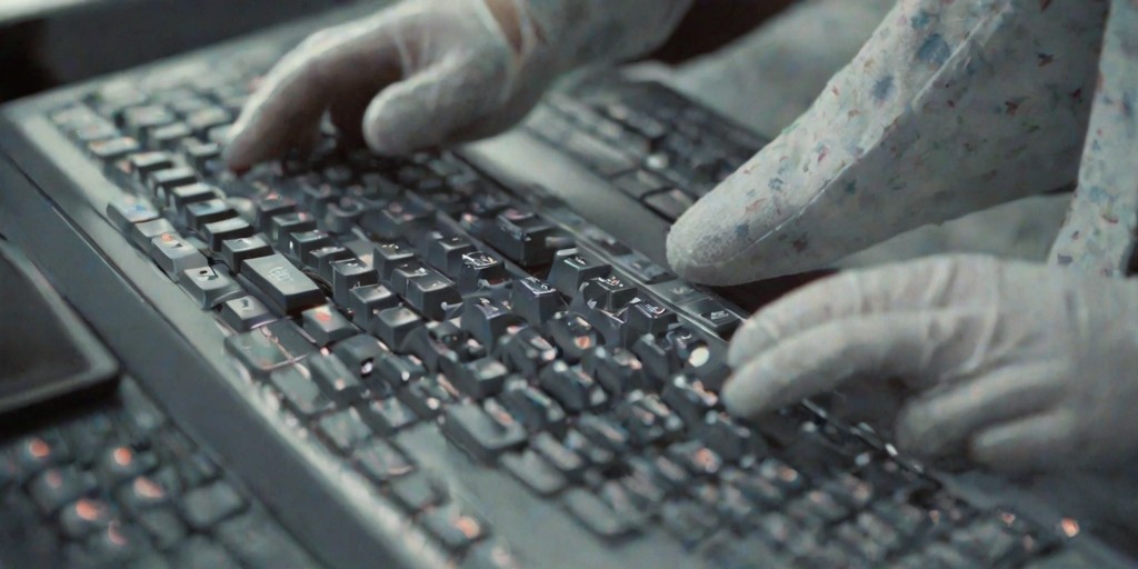 A person with short, dark brown hair and a subtle, concentrated expression, wearing a pair of white, anti-static gloves, is carefully cleaning a PC keyboard on a clutter-free, gray, and well-lit desk, with a soft, indirect light source casting a gentle glow on the scene, the keyboard