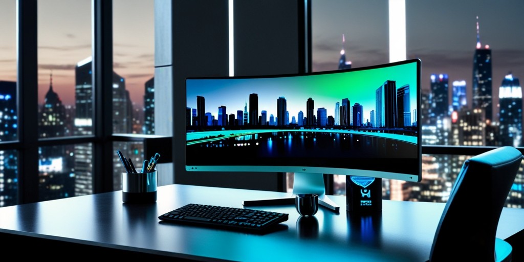 A futuristic, minimalist desk setup with a sleek, silver curved monitor positioned alongside a modern, black flat monitor, both displaying a split-screen comparison of a futuristic cityscape, with vibrant, electric blue and neon green hues illuminating the curved screen, and softer, muted tones on the flat screen, highlighting the contrast between the two display types, set against a clean, gray background with subtle, ambient lighting, and a few strategically placed, silver desk accessories, such as a pen holder and a small, metallic paperweight, adding a touch of sophistication and elegance to the overall scene.