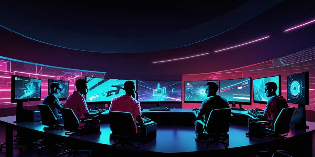 A vibrant, futuristic digital art illustration depicting a group of diverse gamers from different ethnic backgrounds, aged between 20-35, gathered around a sleek, curved gaming desk, surrounded by multiple high-tech gaming monitors and sleek gaming mice. The gamers are intently focused on their screens, their faces illuminated only by the soft glow of the monitors, with subtle, determined expressions. The atmosphere is dynamic, with neon-colored lights and wires crisscrossing the background, evoking a sense of high-stakes competition. At the center of the composition, bold, metallic silver font announces "Master the Art of Timing" in a curved, futuristic font, with the subtitle "In Multiplayer Games" written in smaller, curved text above it, resembling a digital scoreboard. The color palette is a mix of deep blues, neon pinks, and electric blues, conveying a sense of excitement and urgency.