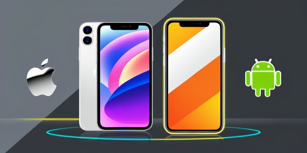 A stylized illustration of a modern smartphone from Apple and Android, placed side by side on a sleek, dark grey background, with bright contrasting colors to highlight their distinct designs, the Apple iPhone showcasing its sleek, minimalist aesthetic with a silver frame and a vibrant, full-screen display, while the Android device flaunts its customizable features with a bold, geometric pattern on its back and a curved screen, both devices glowing with soft, ambient light to emphasize their cutting-edge technology, the Apple logo embossed in shiny, metallic silver on the iPhone