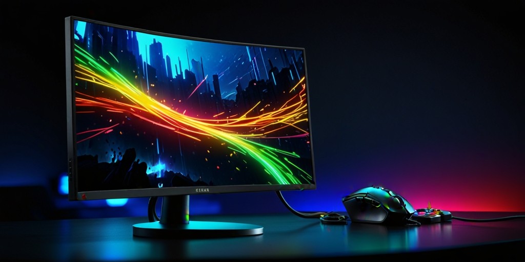 A sleek, modern gaming monitor with a curved, high-resolution screen, showcasing a vibrant, detailed scene from a popular video game, with a subtle glow emanating from the edges, set against a dark, gradient-blue background, with slender, silver bezels and a sturdy, adjustable stand, featuring a prominent, backlit logo of a well-known gaming brand in bold, metallic font, with a few strategically placed, colorful cables and a single, ergonomic gaming mouse positioned neatly beneath the screen, hinting at the immersive gaming experience it provides.