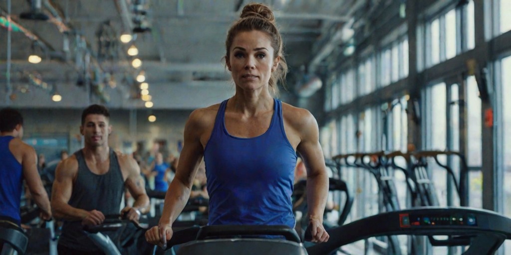 A fit adult with short, sweaty hair and a determined expression, wearing a bright blue athletic top and matching leggings, exercises on a state-of-the-art treadmill at a modern gym, surrounded by rows of weightlifting machines and exercise equipment, with large windows allowing natural light to flood in, illuminating the vibrant colors of the machines and the trainer