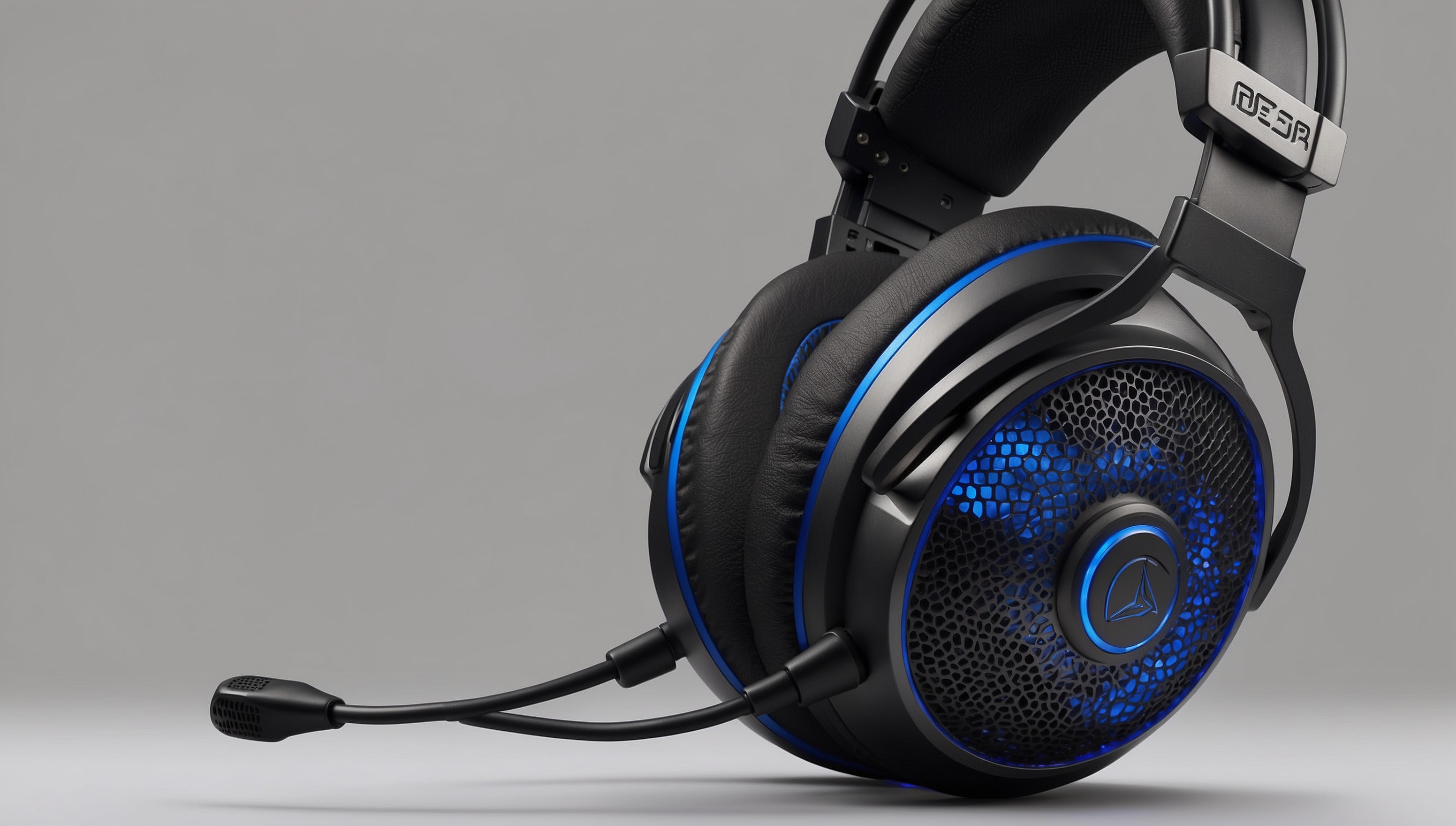 A sleek, high-tech gaming headset sits isolated on a clean, gray background, its cables and microphone boom elegantly curled around its base, with vibrant blue accents and metallic trim juxtaposed against a matte black finish, the ear cups adorned with subtle, etched logo patterns in silver, and the headband featuring a thin, stitched seam, evoking a sense of durability and comfort, with the microphone