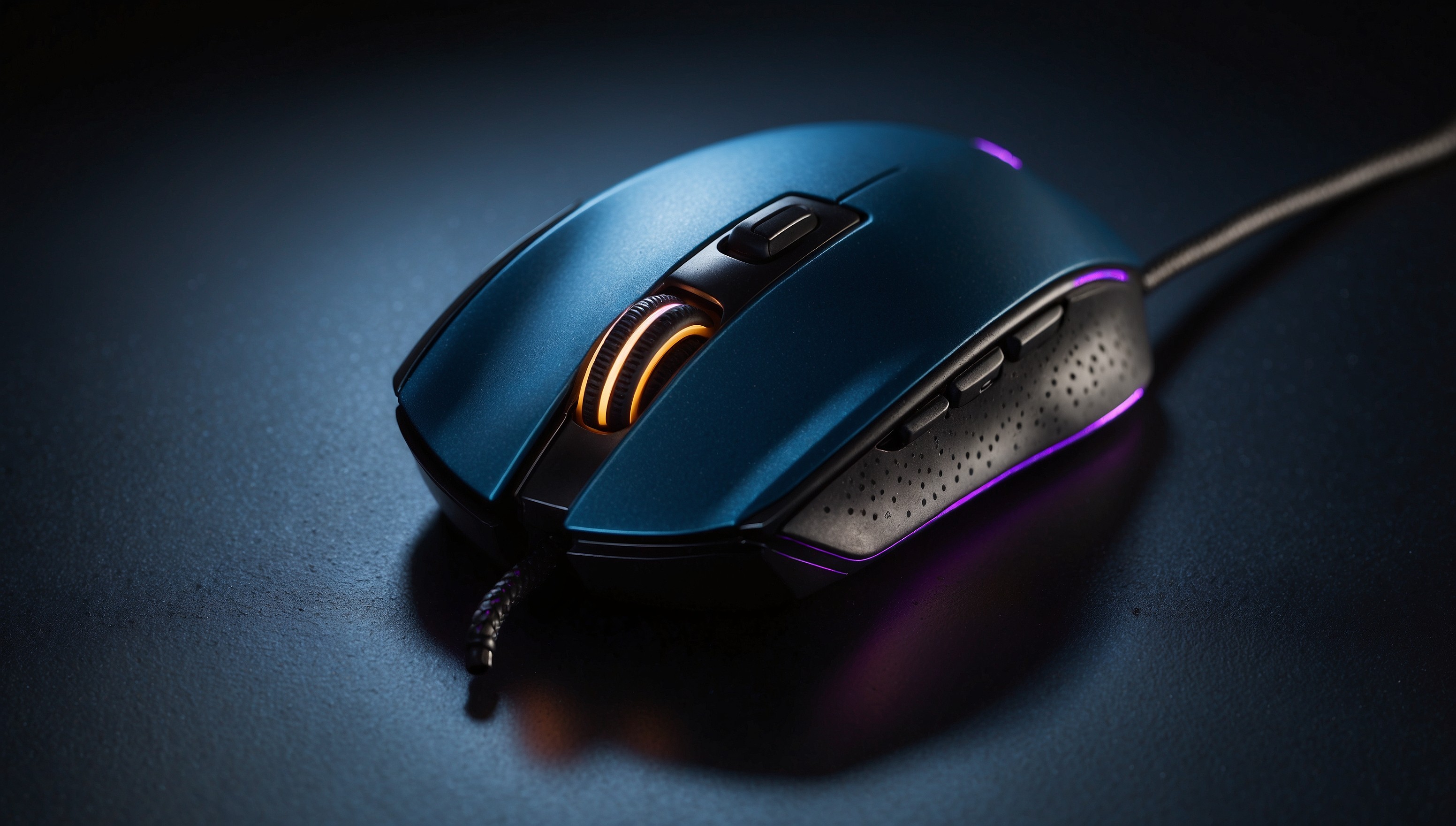 A sleek, high-performance gaming mouse with a curvaceous design, resting on a sleek, black, reflective surface, its matte-finish body showcasing a mix of metallic and rubberized grips, featuring a prominent, illuminated scroll wheel, and a series of programmable buttons along its left side, with a subtle, gradient-effect LED lighting strip tracing the edges, casting a soft, blue-purple glow, set against a dark, gradient background that shifts from deep blues to dark grays, evoking a sense of high-tech sophistication and precision.