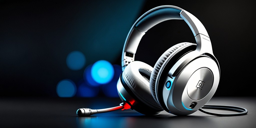 A pair of sleek, high-fidelity gaming headphones sits on a clean, minimalist background, with a subtle gradient effect to accentuate the contours of the device. The headphones themselves are a matte black color with metallic silver accents and subtle LED lights that glow a soft blue, adding a touch of sophistication and modernity. The ear cups are rounded and padded with soft, white leather, with a thin, adjustable headband that connects the two cups. The microphone is a thin, flexible boom that extends from the left ear cup, with a small, spherical pop filter at the tip. The overall design is futuristic and streamlined, with clean lines and minimal ornamentation, evoking a sense of premium quality and durability.