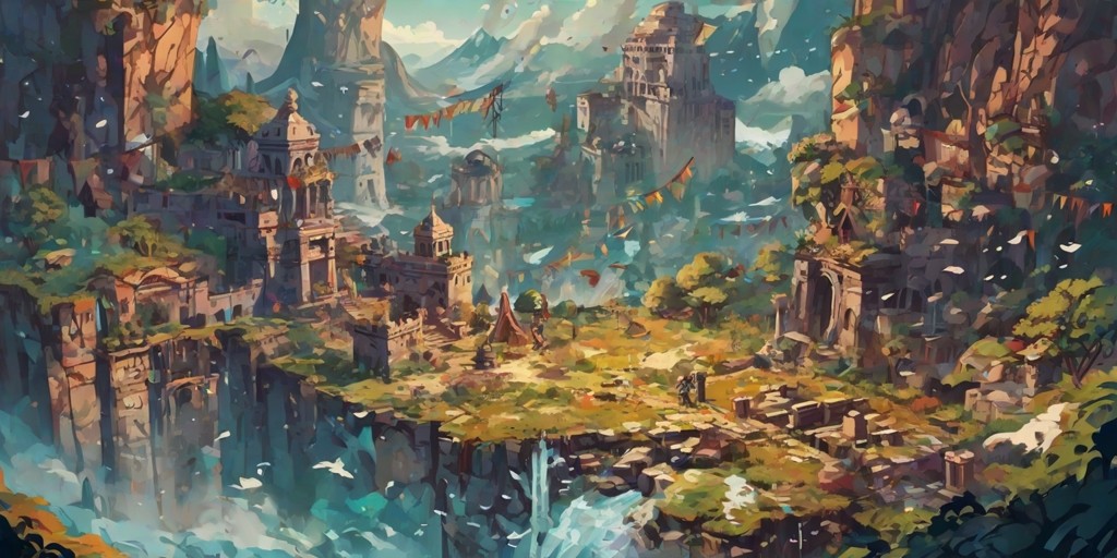 A vibrant, action-packed illustration of an adventurous videogame scene, with a daring hero standing atop a windswept cliff, gazing out at a sprawling fantasy landscape of ancient forests, snow-capped mountains, and mystical ruins, surrounded by fluttering flags, billowing clouds, and wispy mist, with mystical creatures and ancient artifacts scattered throughout, all rendered in a stylized, dynamic cartoon style with bold lines, vivid colors, and textures that evoke a sense of wonder and exploration, set against a warm, golden-brown background with subtle gradient effects that evoke a sense of depth and atmosphere.