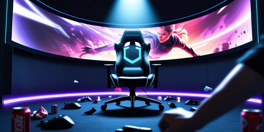 A futuristic gaming setup with a spotlight shining down on a sleek, high-tech gaming chair in the center, surrounded by scattered gaming peripherals and a massive curved screen displaying a vibrant, fast-paced video game on the wall behind it, with a subtle, gradient blue and purple neon glow illuminating the darkened room, and a few empty soda cans and crumpled up chip bags on the floor, conveying a sense of intensity and focus, while a faint, blurred image of a gamer