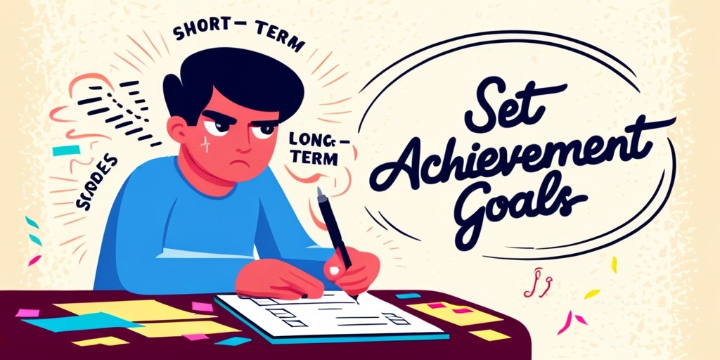 A stylized, motivational illustration of a person, likely a young adult with a determined expression, sitting at a desk with a colorful, messy background of papers, pens, and sticky notes, surrounded by a subtle, glowing aura symbolizing ambition and success, holding a pen and staring at a planner or a worksheet with a bold, cursive header "Set Achievement Goals" in a modern, sans-serif font, with the words "Short-term" and "Long-term" scribbled in the margins, and a few checkboxes and icons scattered throughout, conveying a sense of organization and focus, set against a creamy, off-white background with subtle texture, evoking a sense of optimism and positivity.