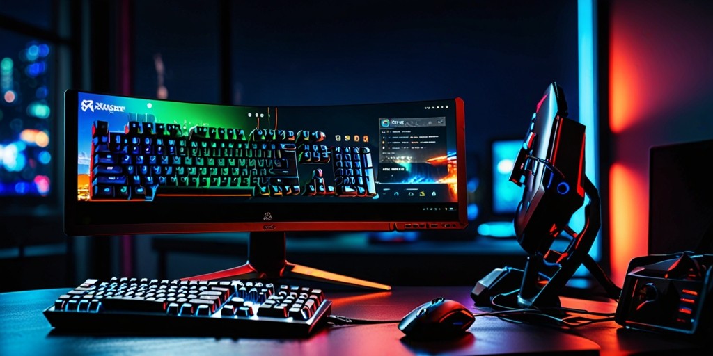 A dimly lit, futuristic gaming setup with a sleek, black gaming PC adorned with customizable RGB lights, surrounded by a clutter-free, dark gray desk and a comfortable, ergonomic gaming chair, set against a rich, midnight blue background, with a subtle, neon-lit cityscape visible through the window, reflecting the excitement and thrill of PC gaming, featuring a 34-inch, curved, 4K gaming monitor displaying a fast-paced, action-packed game with vibrant, electric blue and green hues, and a pair of high-fidelity, wireless gaming headphones with a metallic, silver finish, resting on the desk next to a collection of gaming peripherals, including a precision, optical gaming mouse and a tactile, mechanical keyboard with customizable, macro keys.