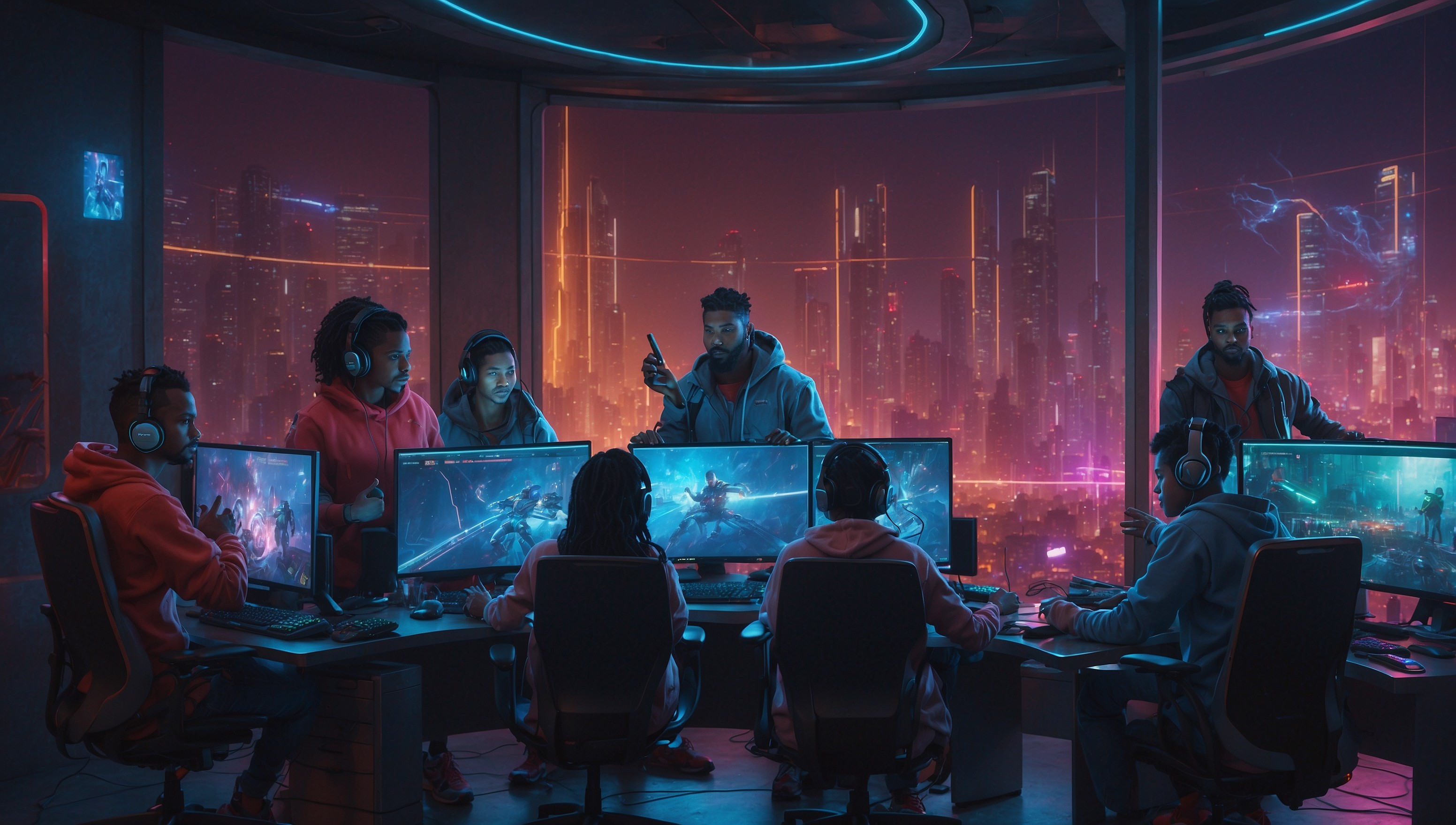 A vibrant, dynamic illustration of a diverse group of five gamers, each with unique facial features, hairstyles, and skin tones, sitting in a semi-circle around a large, curved gaming monitor displaying a futuristic, high-tech game landscape, emphasizing teamwork and communication. The gamers are engaged in intense, focused discussions, with some gesturing emphatically or pointing at the screen, while others take notes or give thumbs-up. The atmosphere is electric, with soft, neon-lit accents casting a warm glow on their faces. The gamers wear trendy, comfortable gaming attire, including hoodies, headphones, and sneakers, in a palette of bold, bright colors. In the background, subtle hints of cityscape or futuristic architecture add depth and context to the scene. The overall style is stylized, with bold lines, geometric shapes, and a mix of digital and traditional media elements, evoking a sense of modernity, innovation, and collaboration. The title "Master Communication and Team Play" is emblazoned across the top in a bold, metallic font, with subtle glow effects.