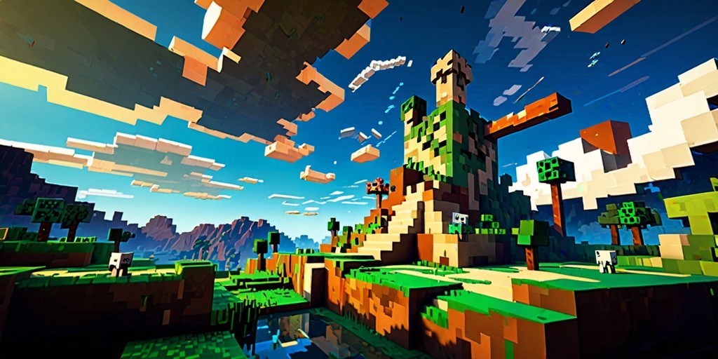 A vibrant digital illustration of the popular sandbox videogame Minecraft, featuring a blocky, 3D landscape with rolling hills, scattered trees, and structures made of cube-shaped blocks in earthy tones of green, brown, and beige, set against a bright blue sky with puffy white clouds, with a few characters or creatures such as Steve or a Creeper lurking in the foreground, composed in a dynamic, action-packed scene with bold lines, textures, and shading, rendered in a stylized, pixelated aesthetic reminiscent of the game