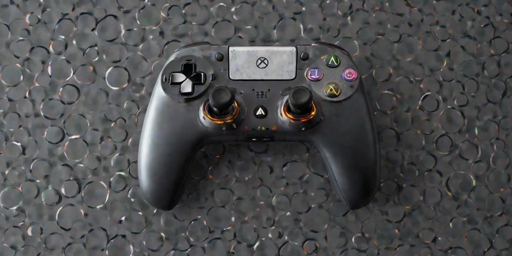 A sleek, modern gaming controller with vibrant LED lights and a matte finish, resting on a smooth, dark gray surface, with subtle hints of wear and tear on the thumbsticks and directional pad, the controller