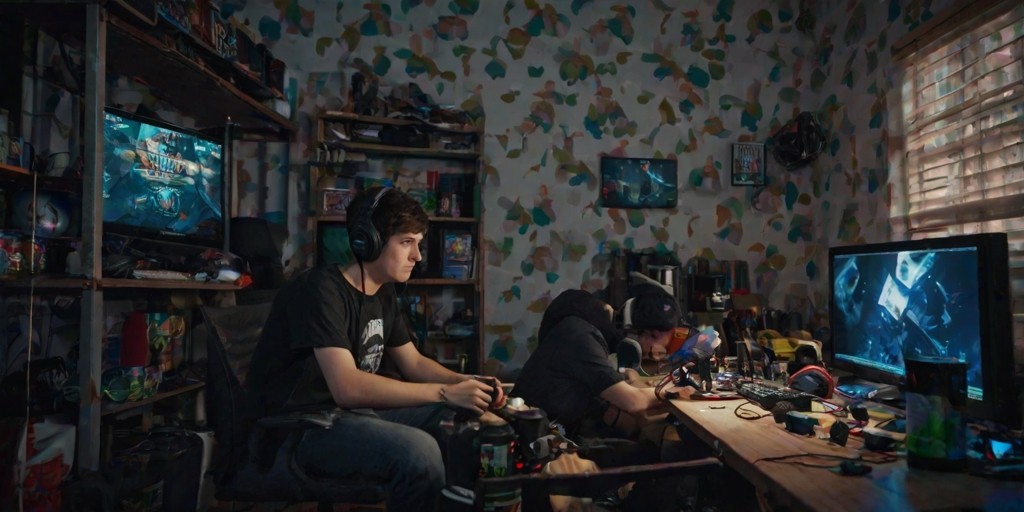 A young adult with short, spiky hair and focused facial expression, likely in their early twenties, sits in a dimly lit room surrounded by empty energy drink cans and scattered game controllers, intensely playing a fast-paced action videogame on a large, curved gaming screen, with vibrant blue and green hues emitting from the monitor, surrounded by a gaming chair, a desk cluttered with gaming gear, and a few scattered notes and snacks, with the gamer