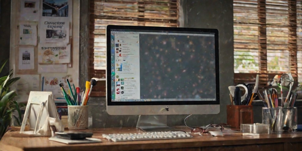 A bustling workspace with a sleek, modern PC monitor as the centerpiece, surrounded by various cleaning supplies such as a microfiber cloth, canned air, and a bottle of screen cleaner, all arranged neatly on a wooden desk with a subtle wood grain texture, lit by soft, natural light pouring in from a nearby window, with a blurred background of a minimalist office environment, the monitor