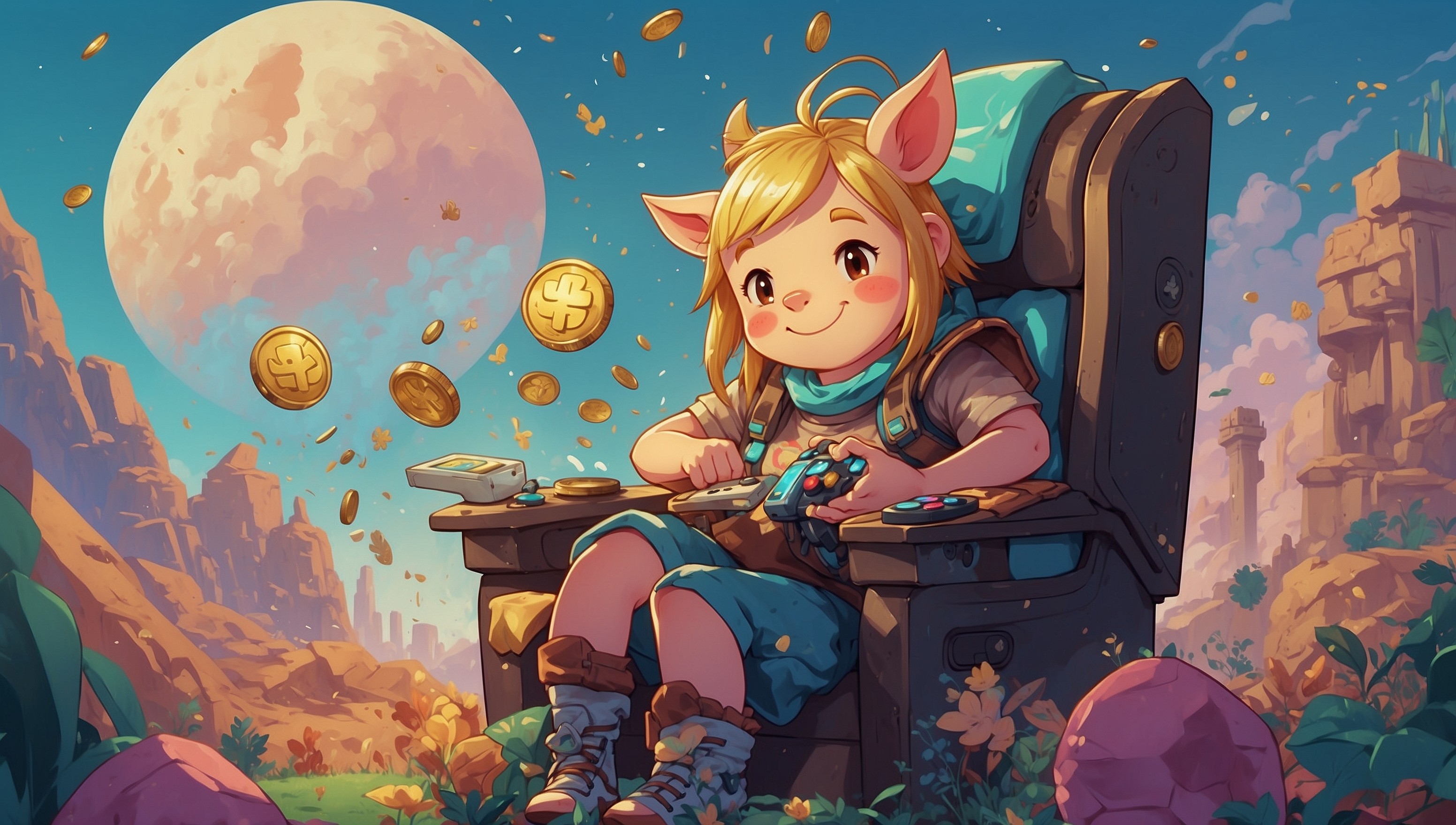 A serene,-split-screen illustration depicting the harmony between monetization and player satisfaction in videogames, set against a soft, gradient blue background that evokes a sense of balance and tranquility. On the left, a delicately rendered, golden-hued piggy bank with a subtle, embossed videogame controller on its side, overflowing with coins, surrounded by fluttering, pastel-colored gaming-themed notes and icons, conveying the concept of monetization. On the right, a joyful, cartoonish gamer with a bright, beaming smile, diverse, darker-toned skin, and vibrant, spiky hair, lounging comfortably in a plush, oversized gaming chair, surrounded by scattered, colorful game cartridges, consoles, and a few, carefully placed, gleaming trophies, embodying player satisfaction. The two scenes are connected by a delicate, swirling vine with tiny, shimmering stars and subtle, game-inspired motifs, symbolizing the harmonious balance between the two aspects.