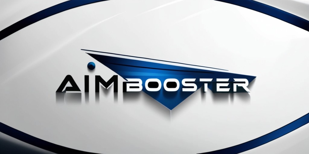 A modern, futuristic logo design for AimBooster, featuring bold, curved lines and geometric shapes, with a dominant color scheme of deep blues and silvers, evoking a sense of speed, precision, and technological advancement, set against a clean, minimalist white or transparent background, with the text "AimBooster" written in a sleek, sans-serif font, with clean lines and sharp edges, in a metallic silver color that matches the futuristic theme, with a slight 3D effect to give it a dynamic, high-tech feel.