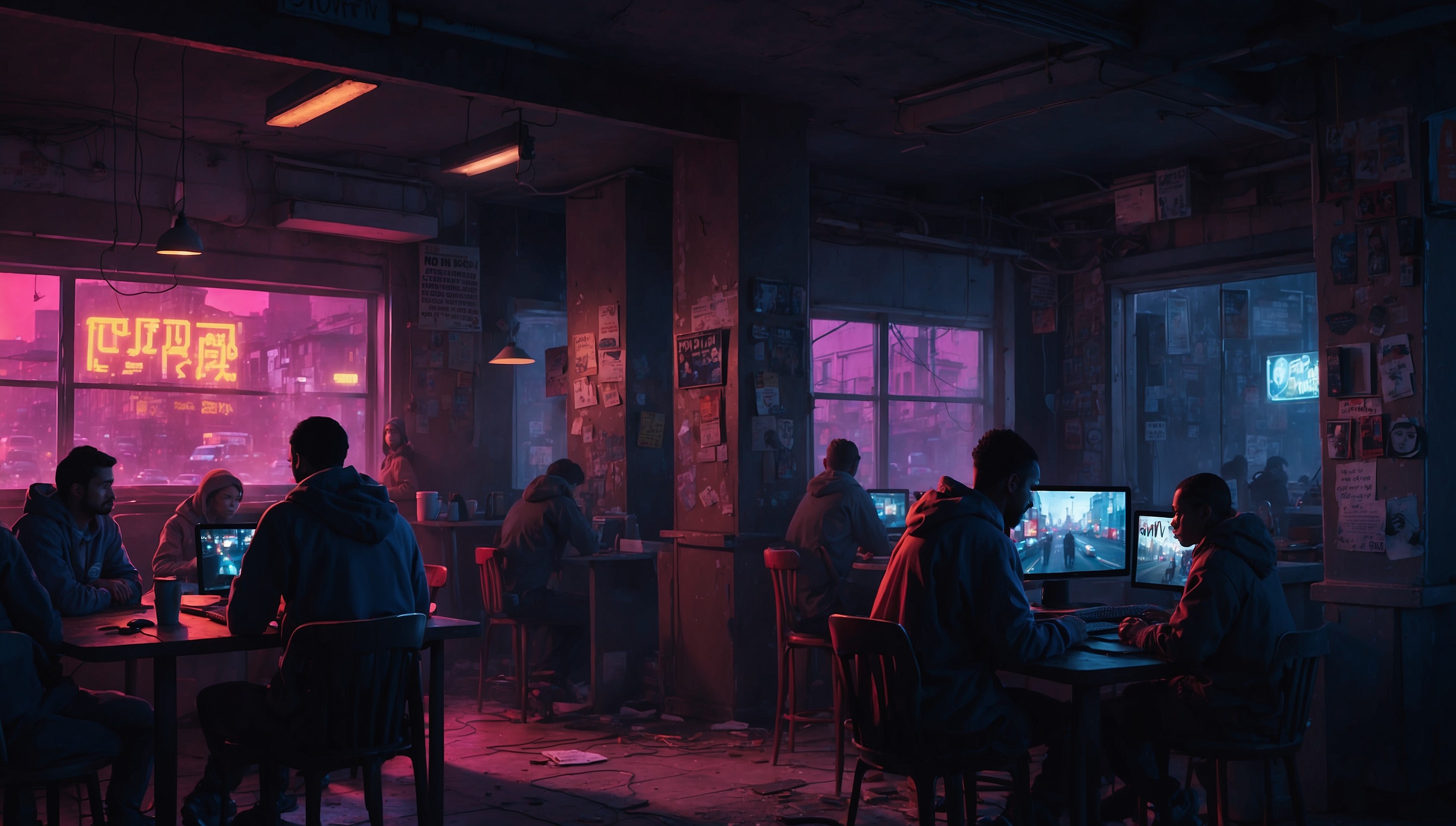 A dramatic, high-contrast illustration of a gamer, shown from behind, sitting in a dimly lit, crowded coffee shop, surrounded by people typing away on their laptops, with a cityscape visible through the blurred window in the background, the atmosphere tense and ominous, the gamer