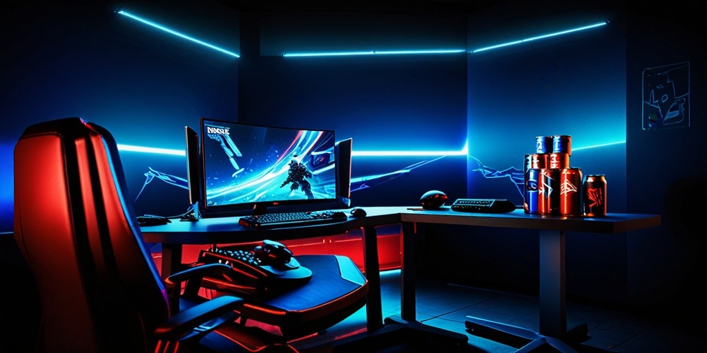 A modern gaming setup with a sleek, high-performance PC as the centerpiece, surrounded by a darkened room with subtle ambient lighting, casting a warm glow on the gamer