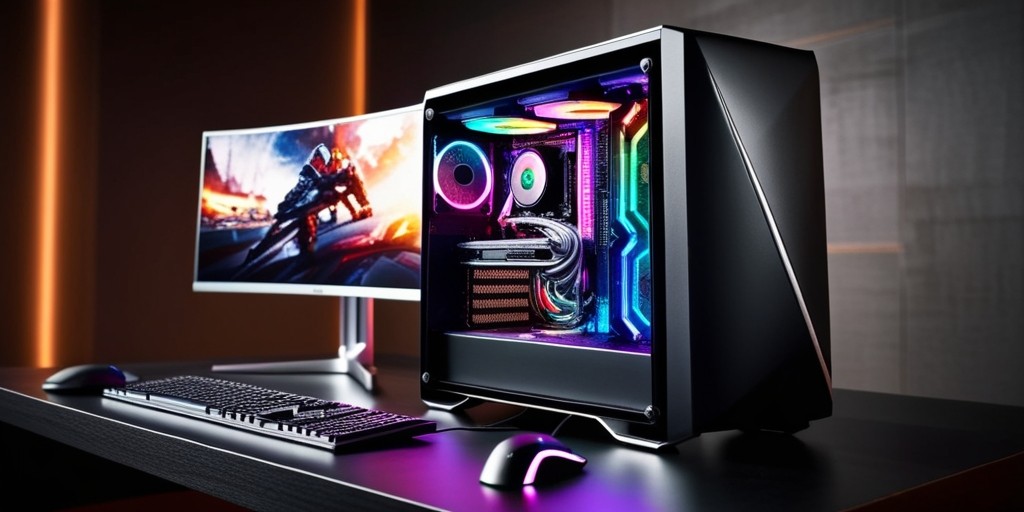 A sleek, high-performance gaming PC sits atop a clutter-free, dark-wooden desk, surrounded by subtle, warm ambient lighting, with a futuristic, silver-trimmed, curved monitor displaying a captivating, vibrant game scene in the background, while the PC