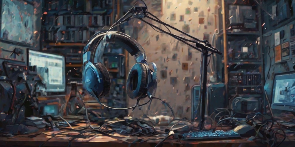 A highly detailed and realistic illustration of a person carefully cleaning a PC gaming headset, with a soft-bristled brush and a can of compressed air, on a clutter-free and well-lit desk, surrounded by a few PC components and cables neatly organized, with the headset