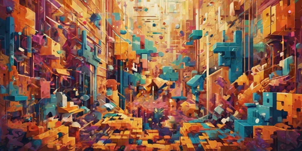 A vibrant and intricate illustration of a puzzle videogame, set against a warm, golden background with subtle grid patterns, evoking a sense of challenge and problem-solving. The game