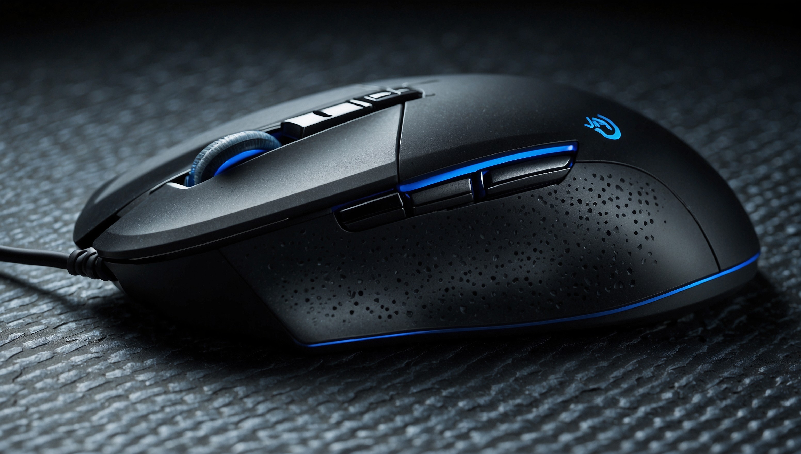 A sleek and modern gaming mouse with a contoured ergonomic design, placed on a dark, high-contrast carbon fiber textured background, illuminated by a subtle blue LED glow emanating from the mouse