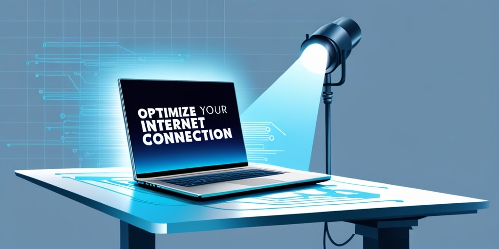 A sleek, modern illustration of a sturdy laptop placed on a sleek, ergonomic desk, surrounded by subtle hints of fiber optic cables and circuit boards, conveying a sense of high-speed connectivity, with the words "Optimize Your Internet Connection" emblazoned in bold, futuristic font, colored in a mesmerizing gradient of blues, from deep indigo to radiant cyan, evoking a sense of limitless possibilities, set against a clean, minimalist background with subtle grid lines, giving the impression of a sophisticated digital realm, with a single, sharply defined spotlight shining down on the laptop, casting a subtle shadow, adding depth and dimension to the overall composition.